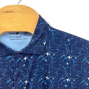 Horn Legend Mens XL Navy Airplane Print Bamboo Charcoal Luxury Button Down Shirt